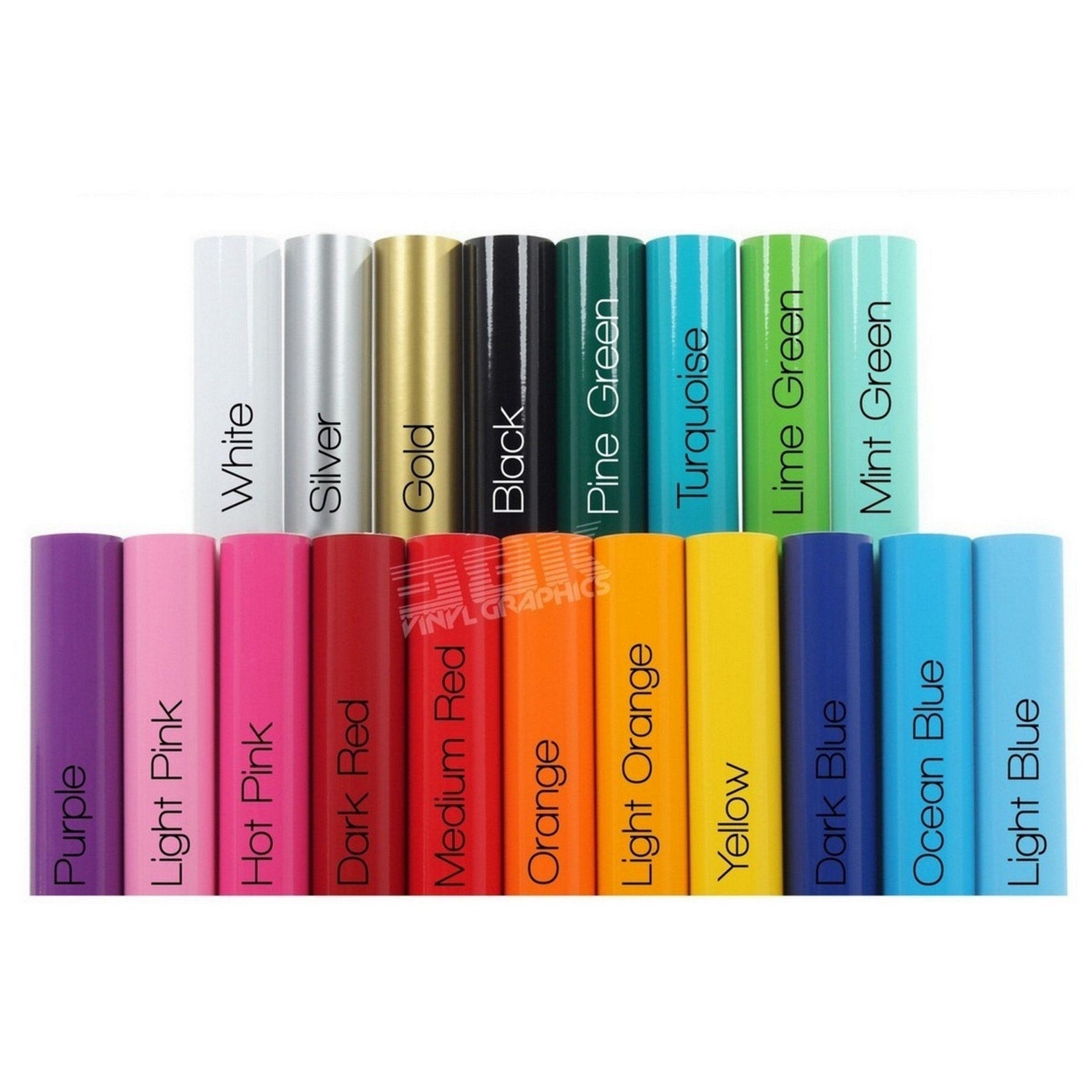 Vinyl colour chart showing 21 available colours