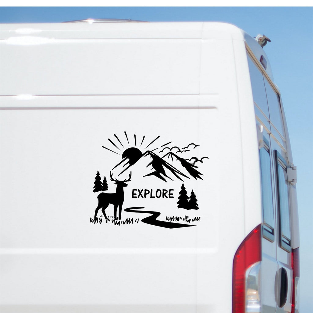 Explore mountain scene caravan sticker shown on a van