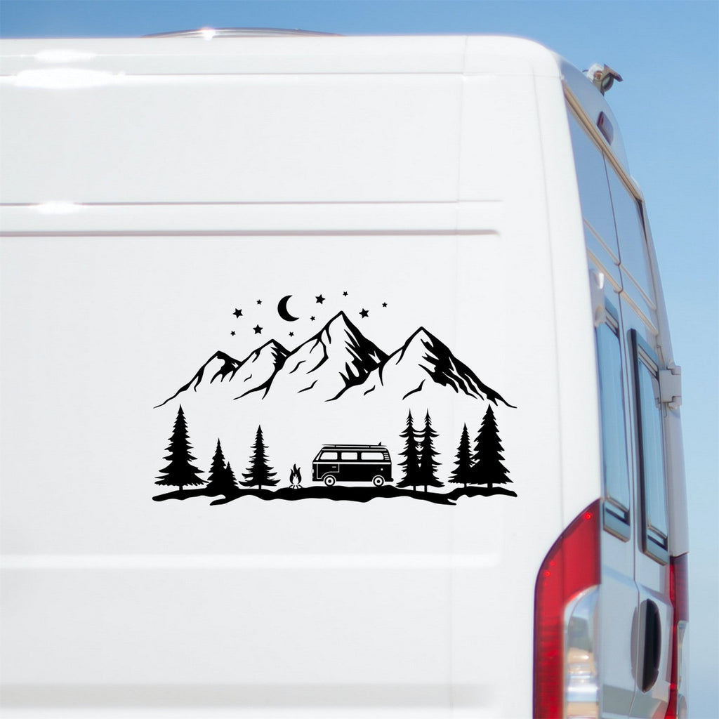 Camper Trailer Mountain caravan sticker shown on a white motorhome