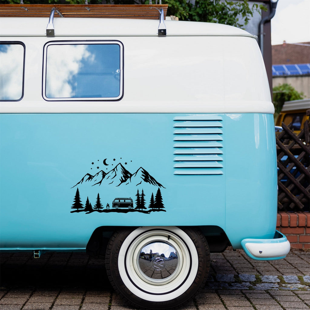 Camper Trailer Mountain caravan sticker shown on a blue campervan