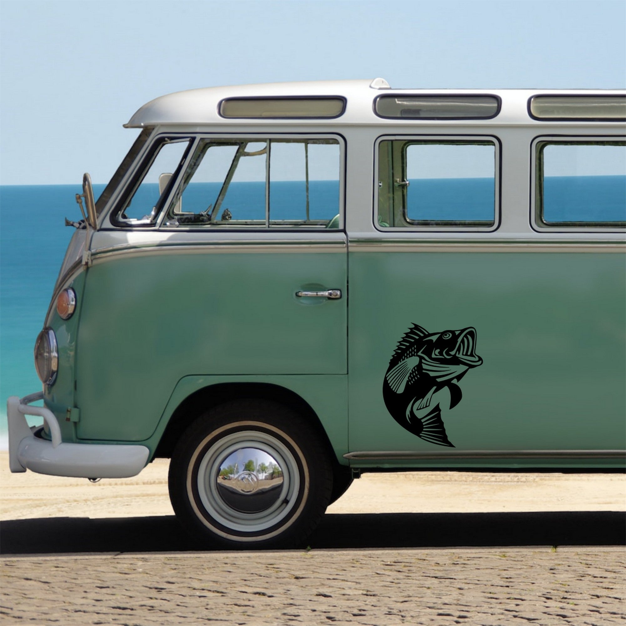 Largemouth Bass caravan sticker shown on a green campervan