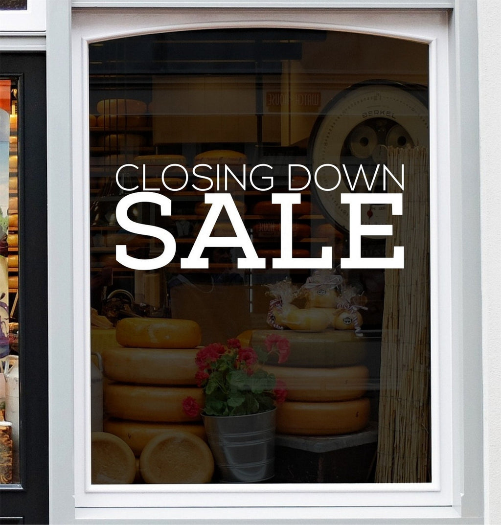 Closing Down Sale Shop Window Sticker design shown in black on a plain white background