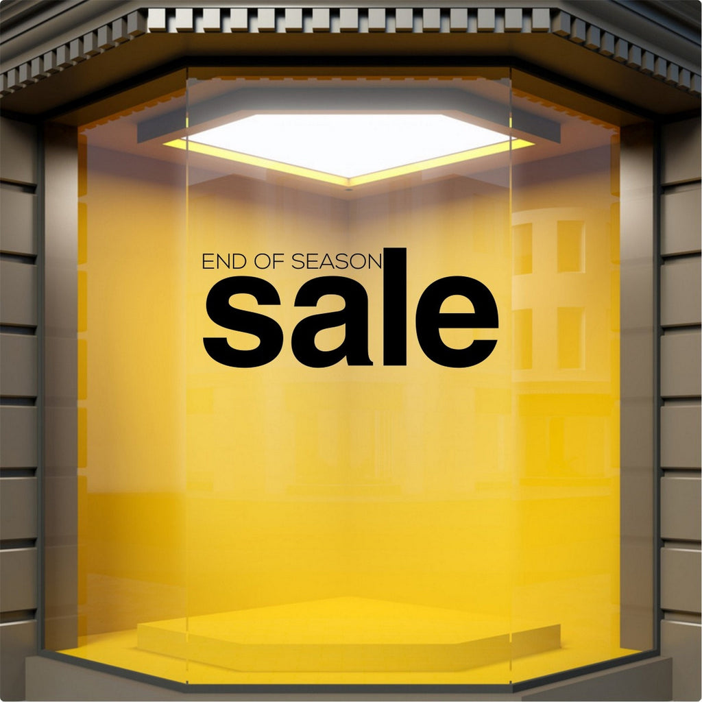 End of Season Sale Shop Window Sticker shown in an alternative retail window setting