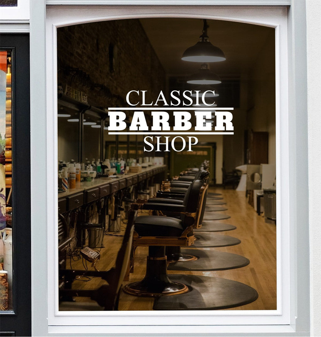 Smaller Classic Barber Shop vinyl decal on a barbershop window