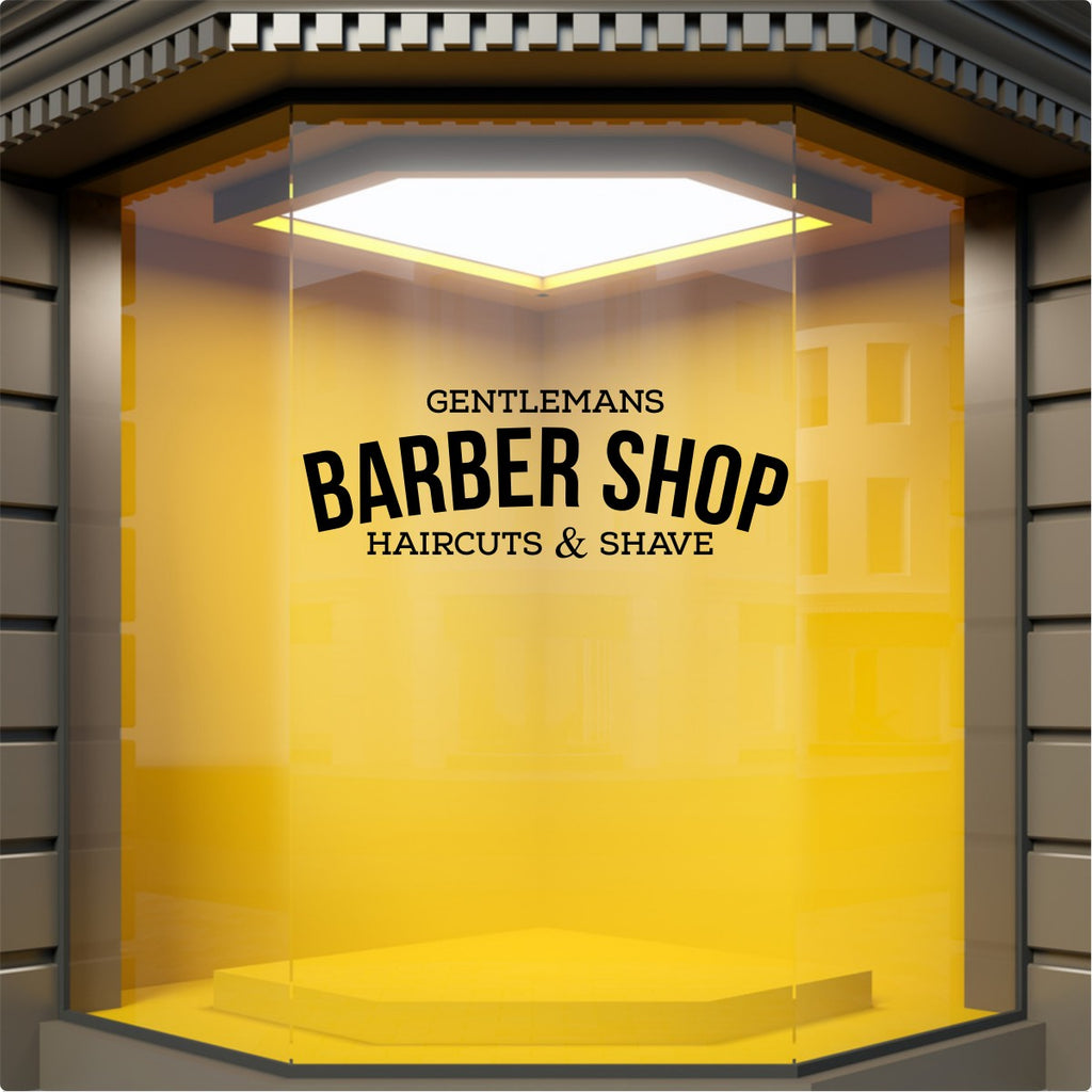 Black Gentlemans Barber Shop vinyl sticker on a yellow retail window