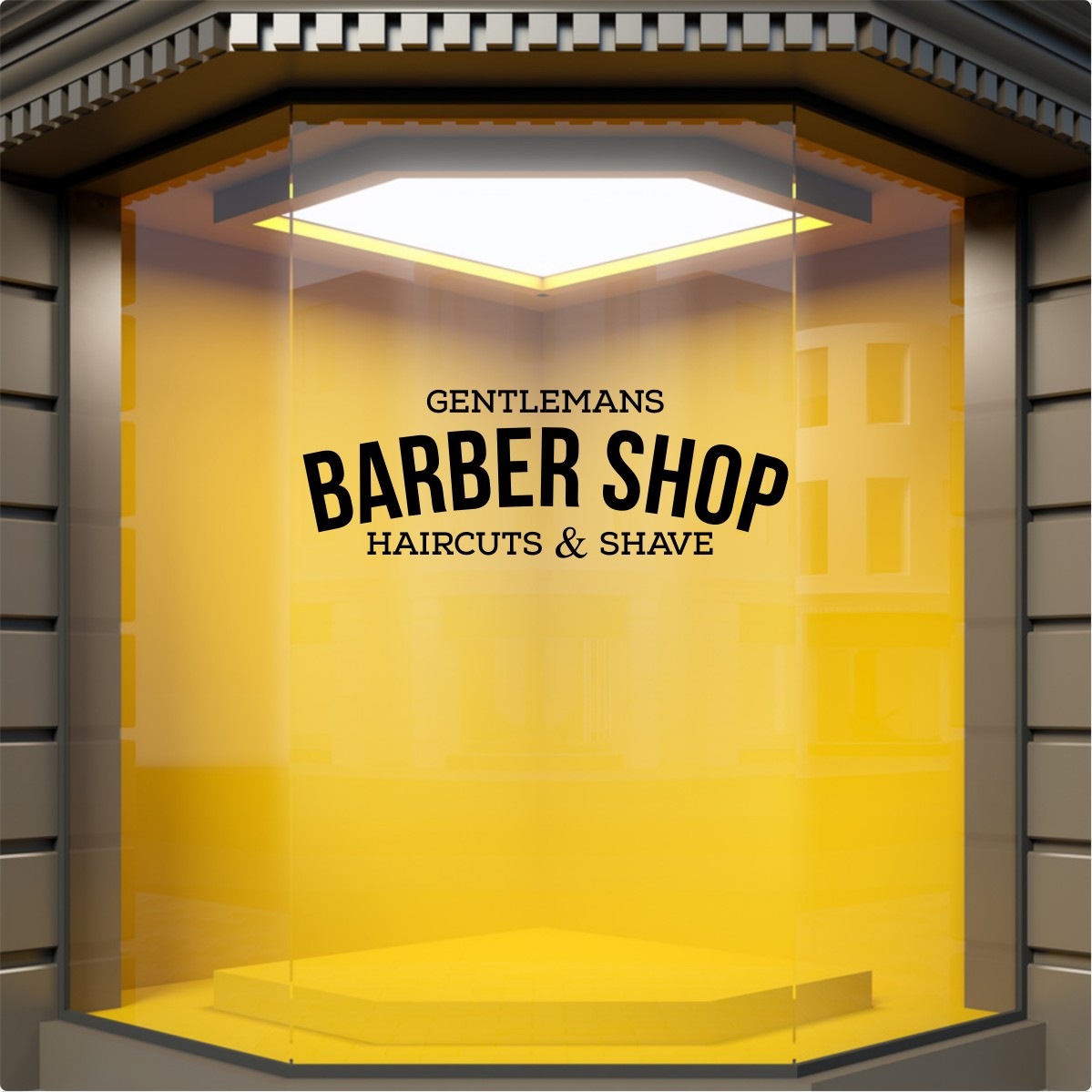 Black Gentlemans Barber Shop vinyl sticker on a yellow retail window