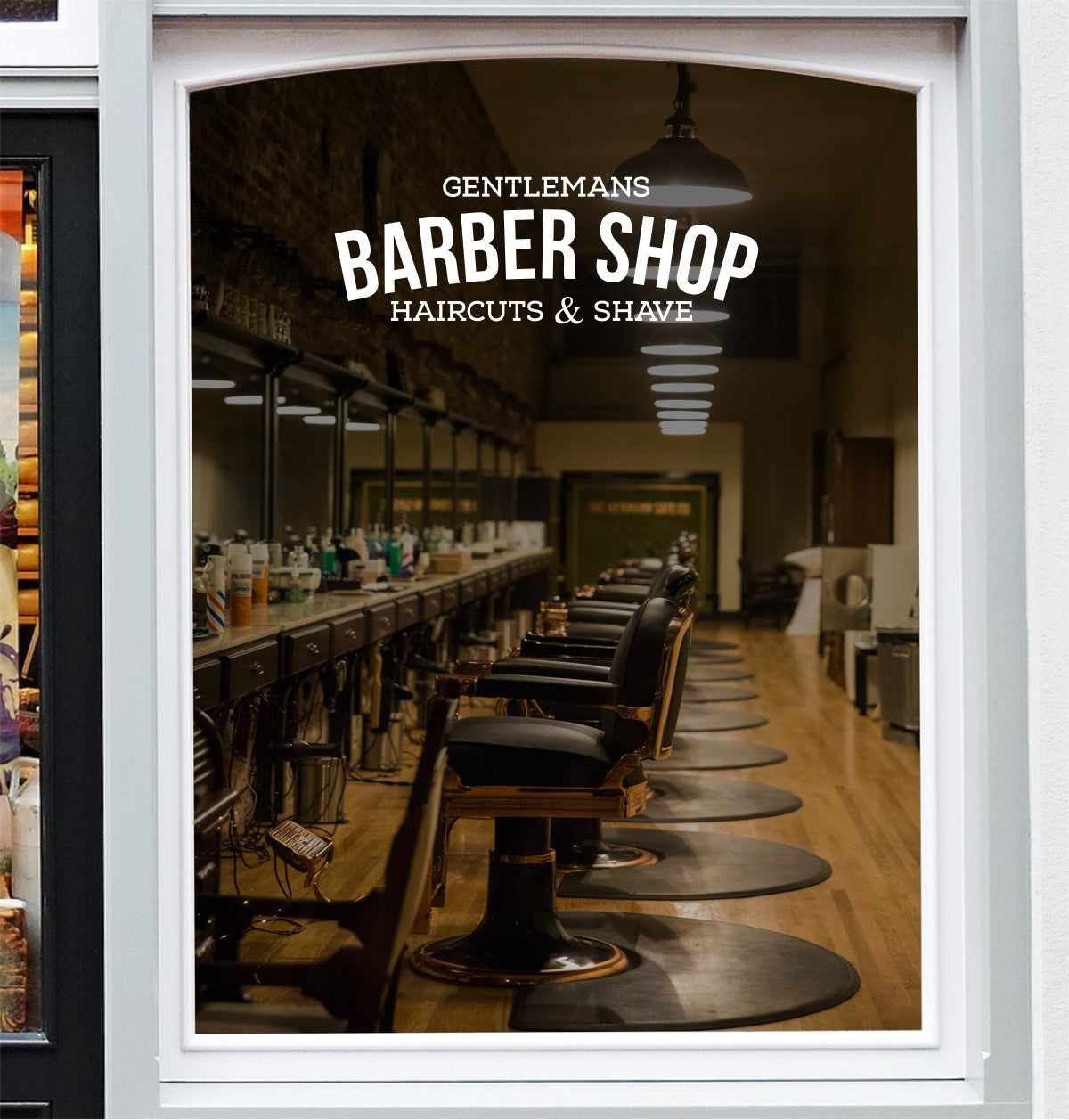White Gentlemans Barber Shop vinyl decal on a barbershop window