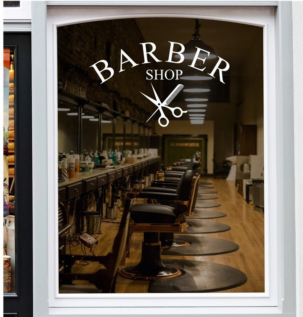 Barber Shop Scissors Window Sticker shown on a shop window