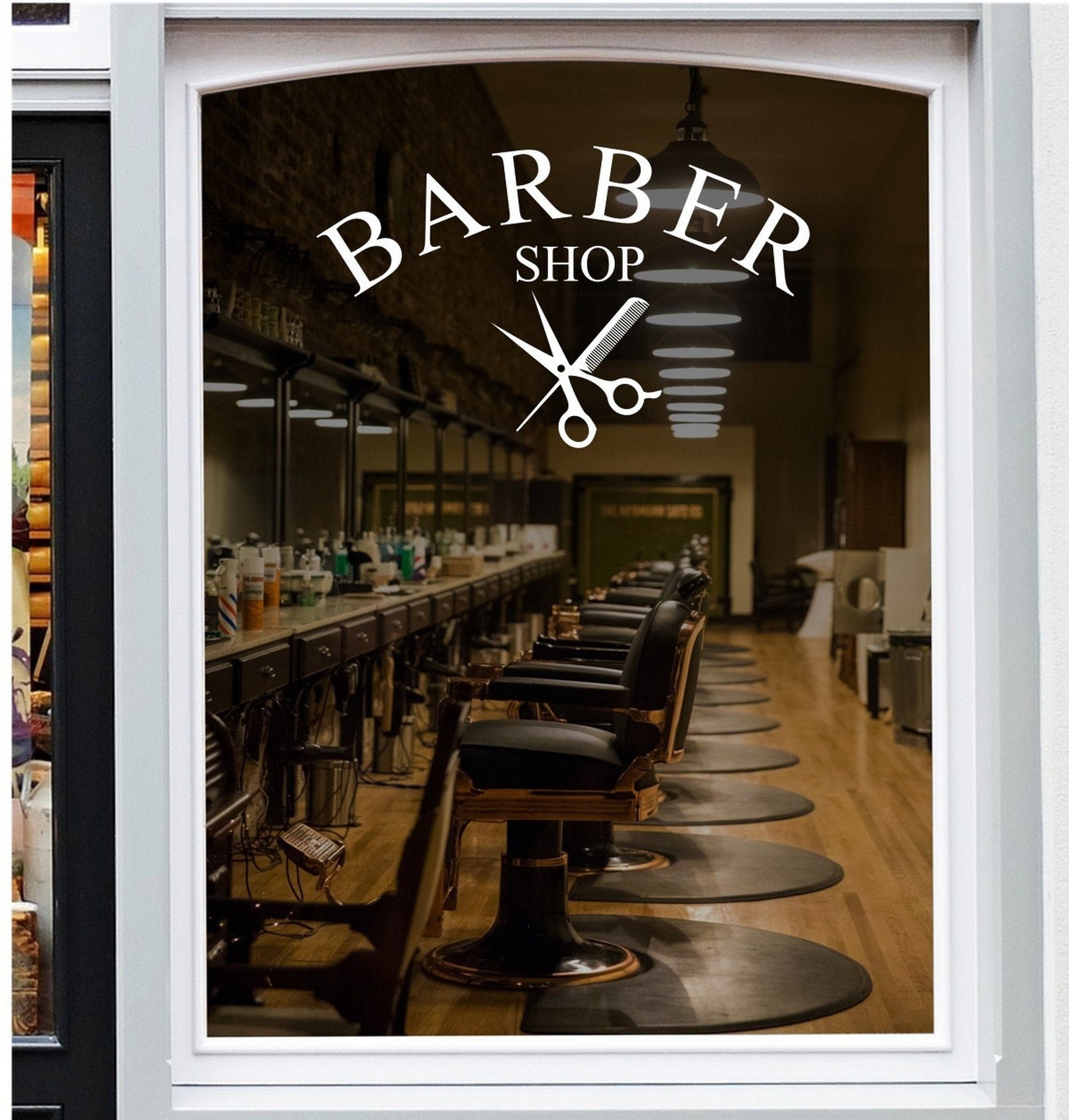 Barber Shop Scissors Window Sticker shown on a shop window