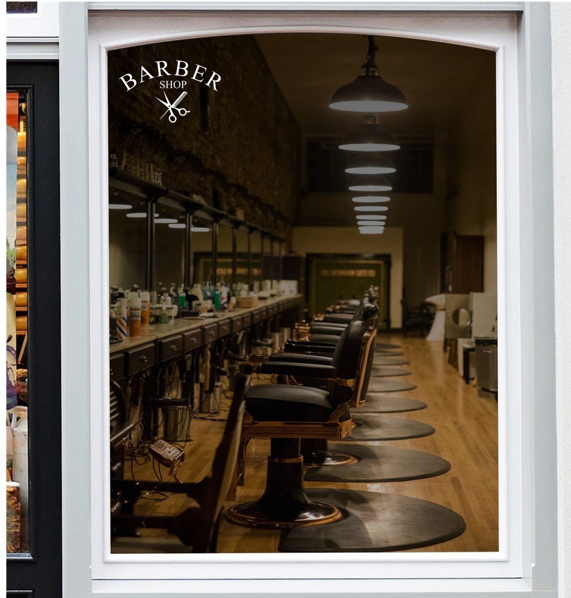 Barber Shop Scissors Window Sticker displayed on a storefront glass pane