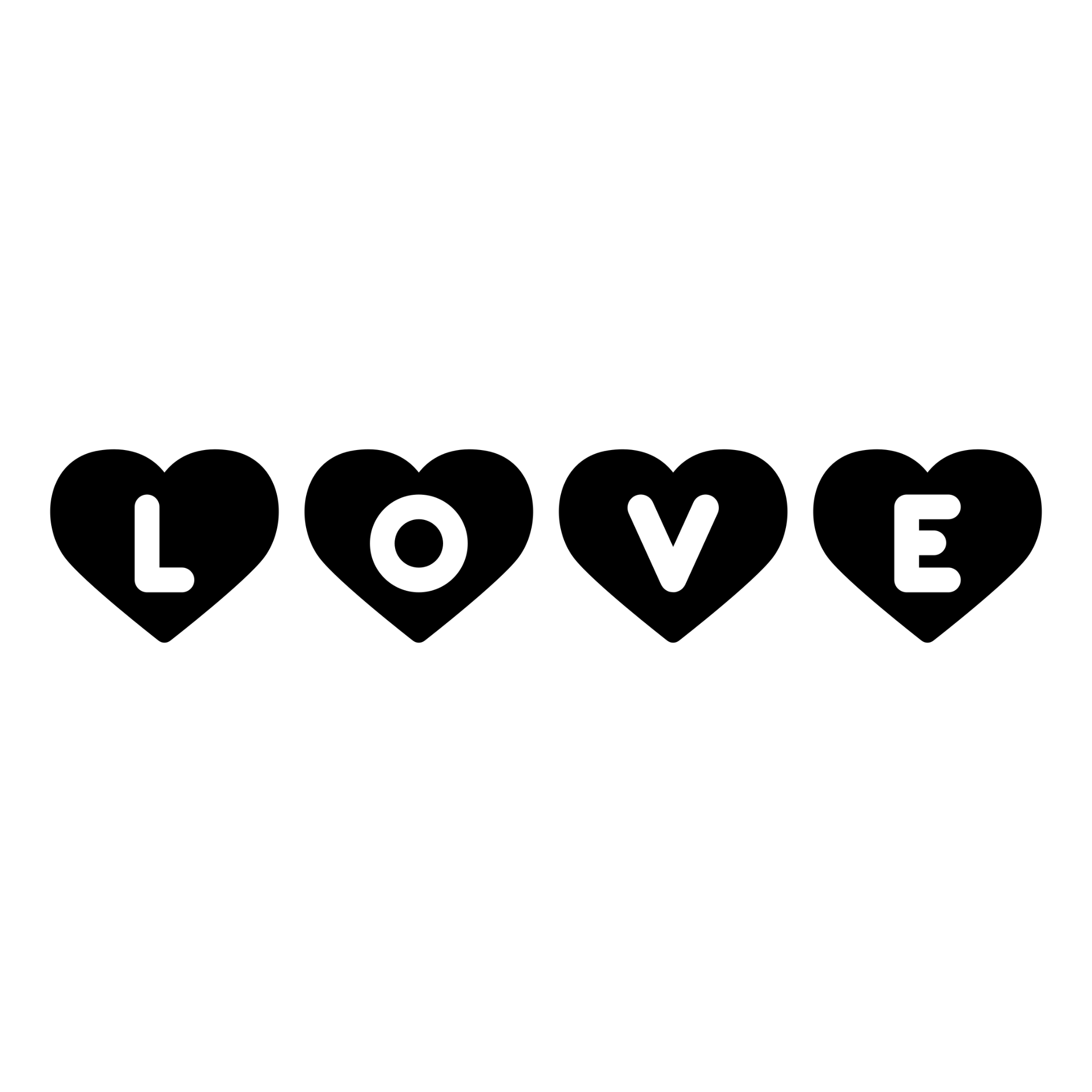 Love Hearts Valentine's Day window sticker design with four black hearts spelling LOVE on a white background