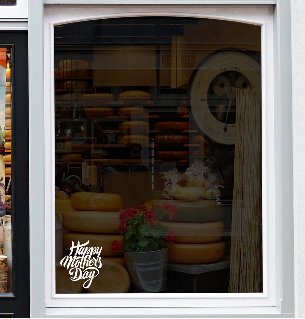 Script Happy Mother’s Day Shop Window Sticker shown in an alternative retail window setting
