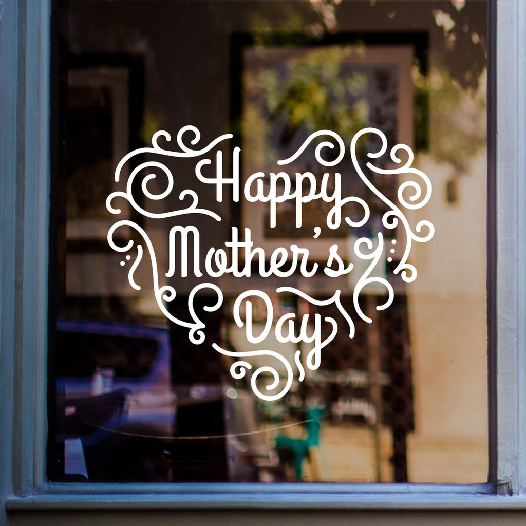 Ornate Happy Mother’s Day Shop Window Sticker shown on a blue-framed shop window