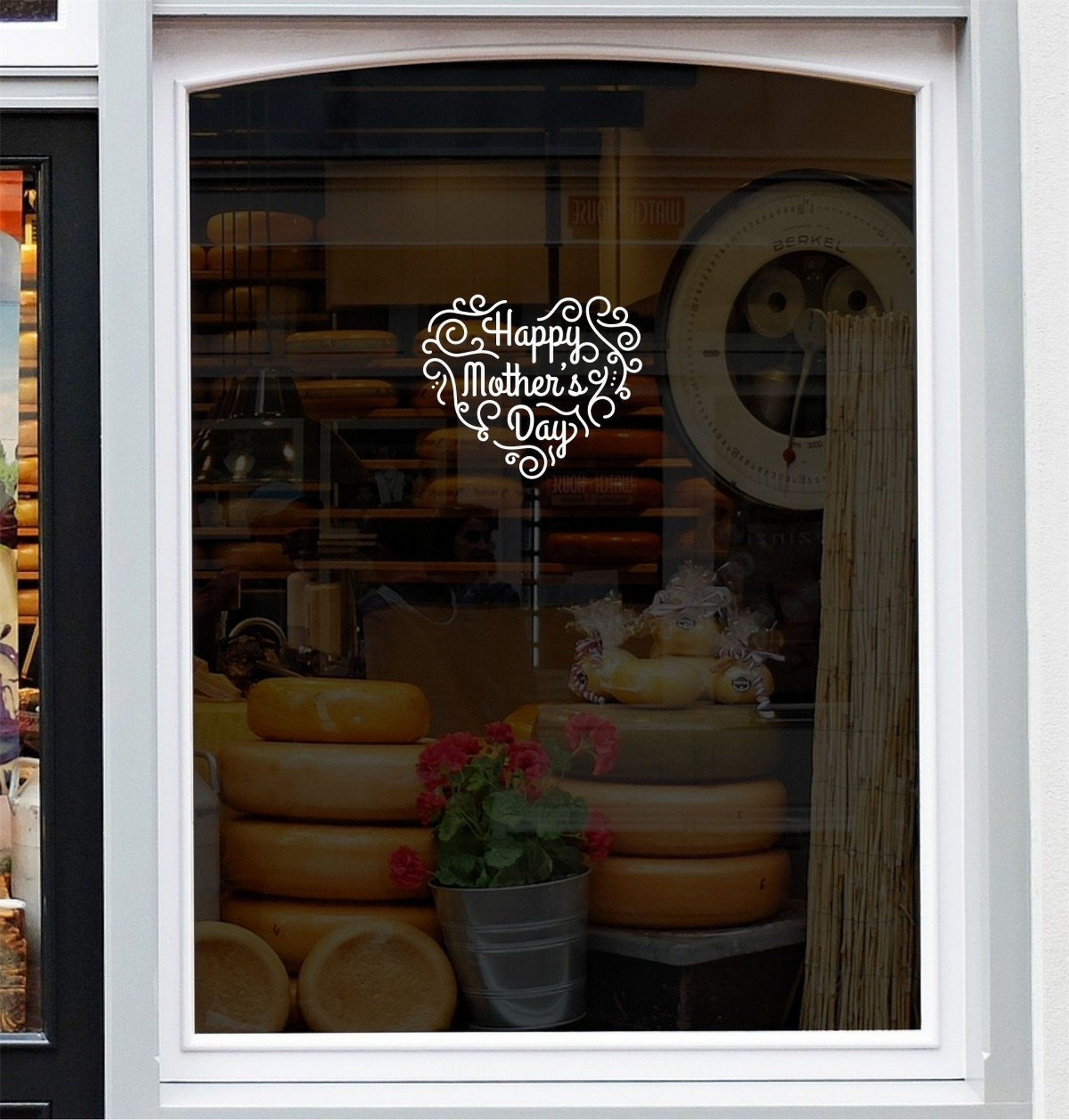 Ornate Happy Mother’s Day Shop Window Sticker displayed on a storefront glass pane