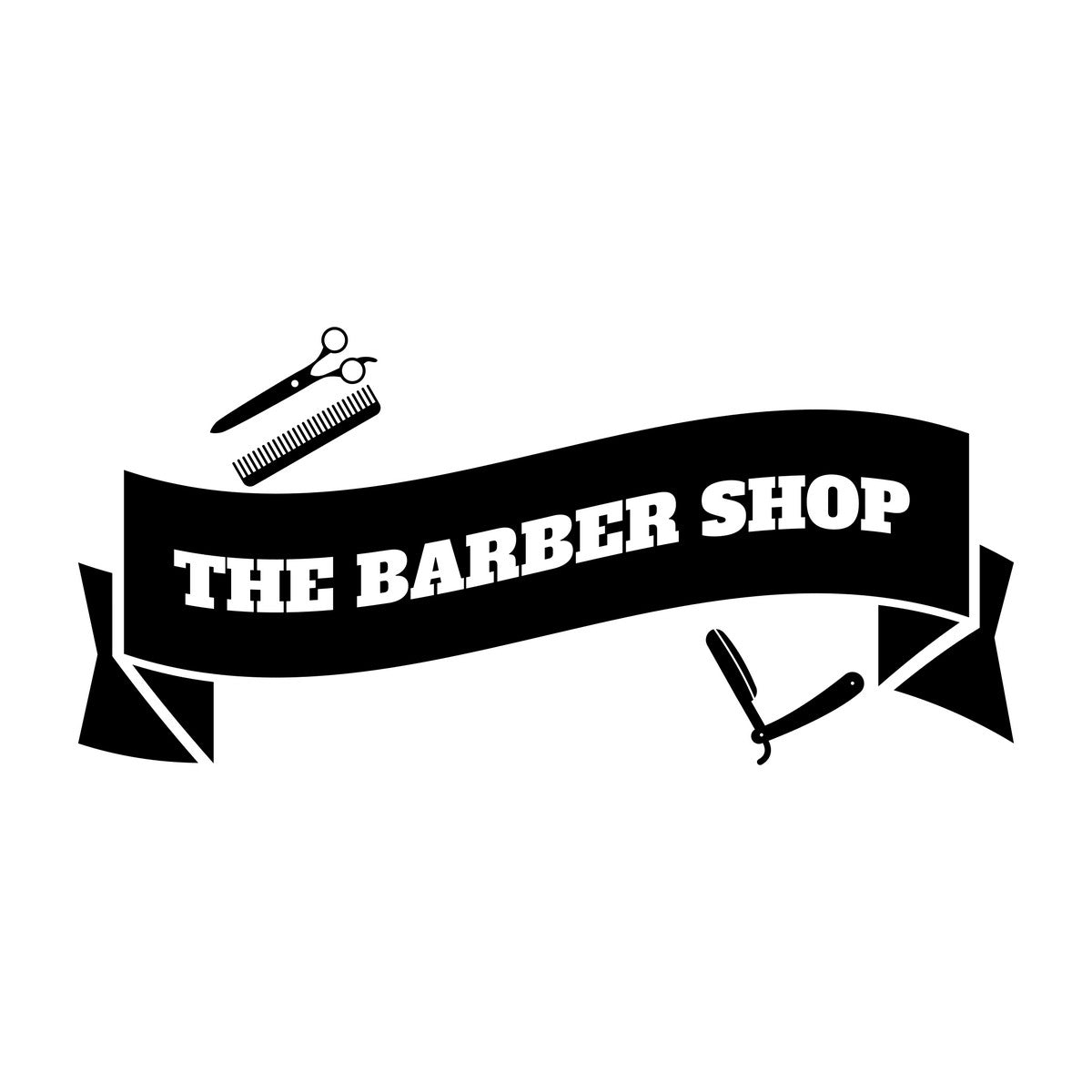 The Barber Shop Banner Window Sticker black vinyl design on a white background