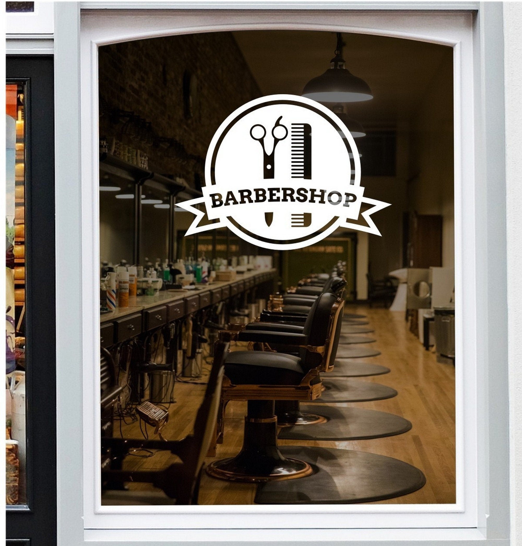 Barbershop Badge Window Sticker shown on a shop window