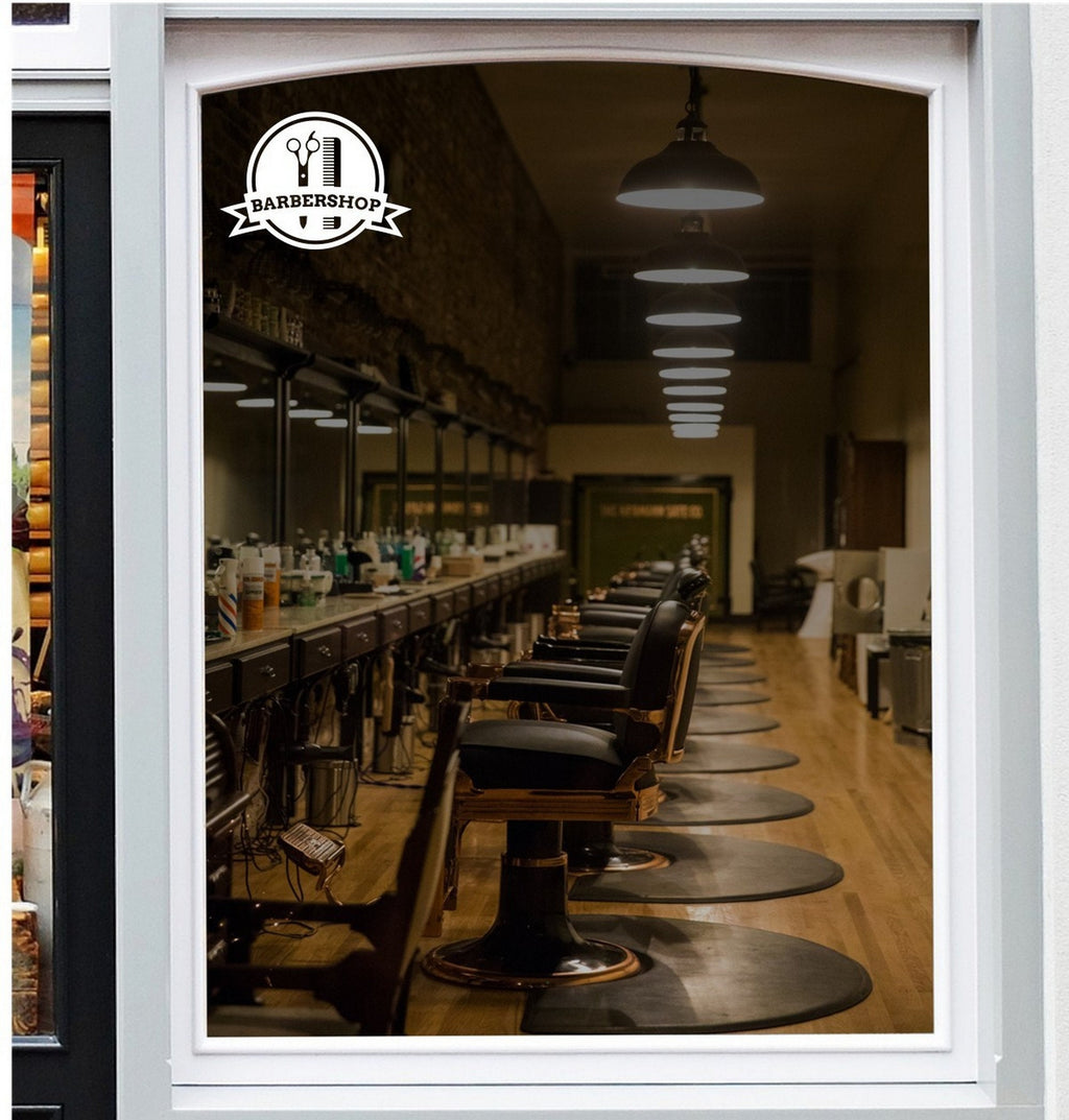 Barbershop Badge Window Sticker shown in a retail window display