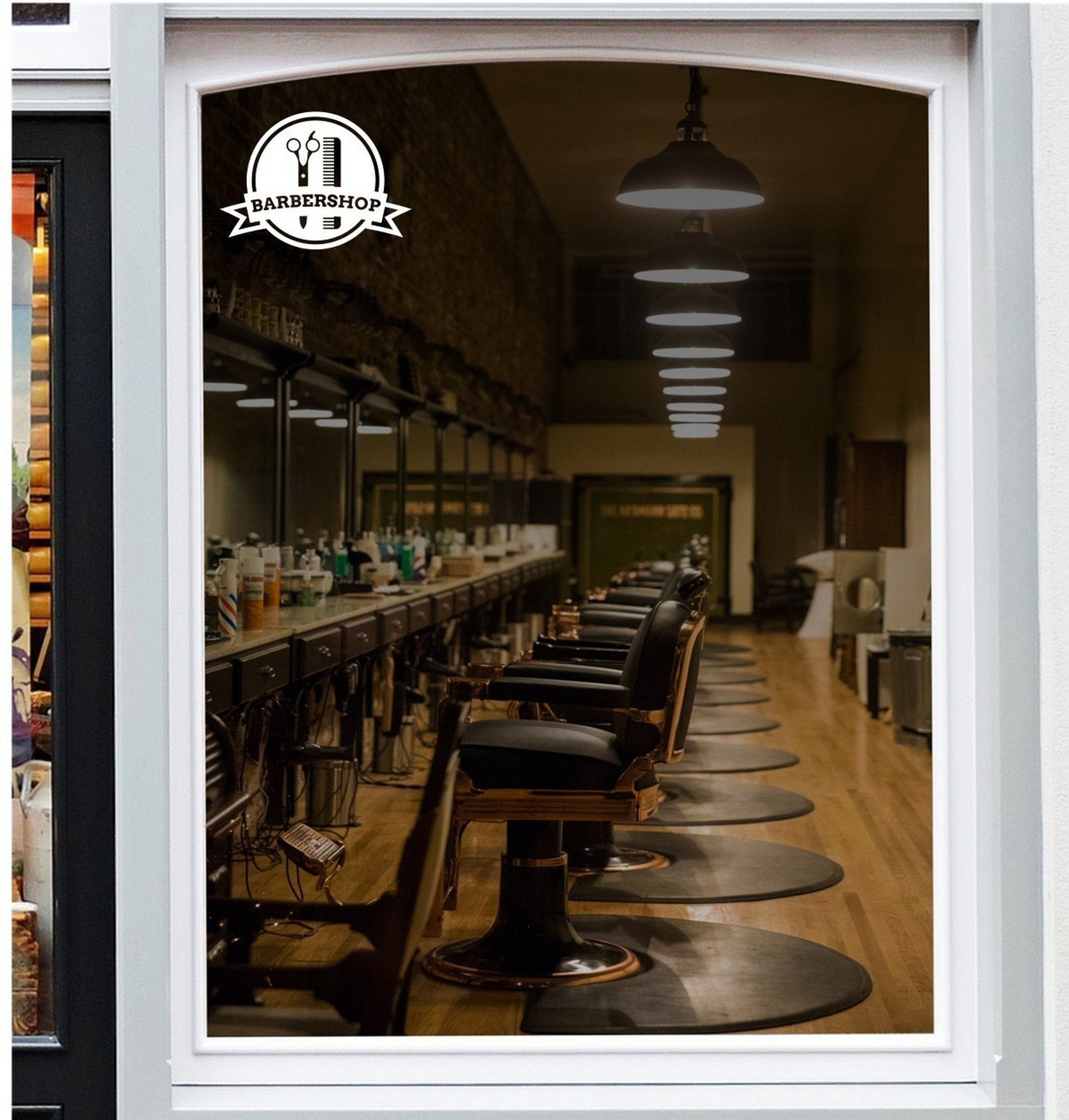 Barbershop Badge Window Sticker shown in a retail window display