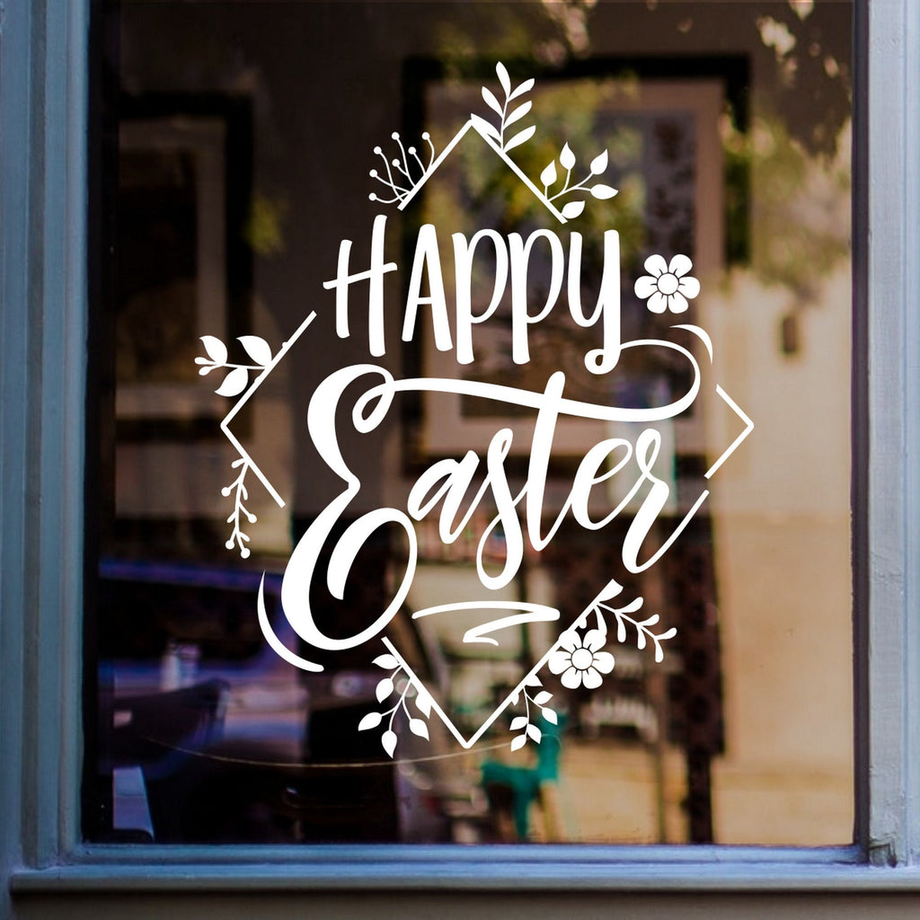 Happy Easter Shop Window Sticker shown on a blue-framed shop window