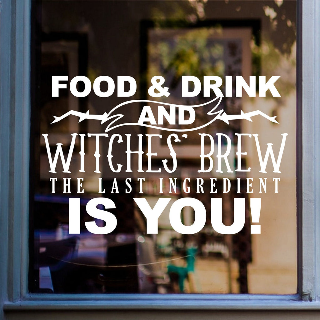 Witches Brew Halloween Window Sticker shown on a shop window