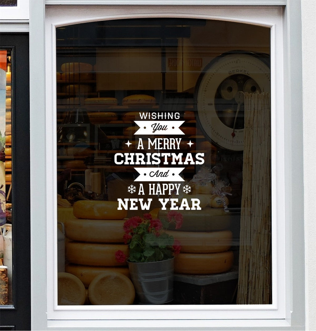 Festive greeting vinyl decal displayed on a retail shop window
