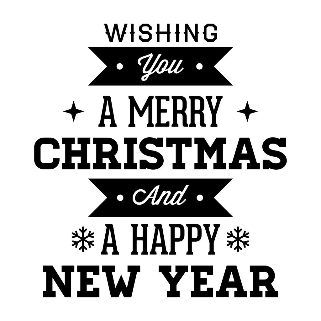 Merry Christmas and Happy New Year window sticker shown on a yellow display