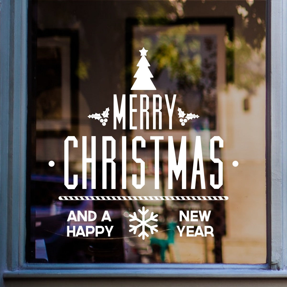 White Merry Christmas tree and Happy New Year vinyl decal on a shop window