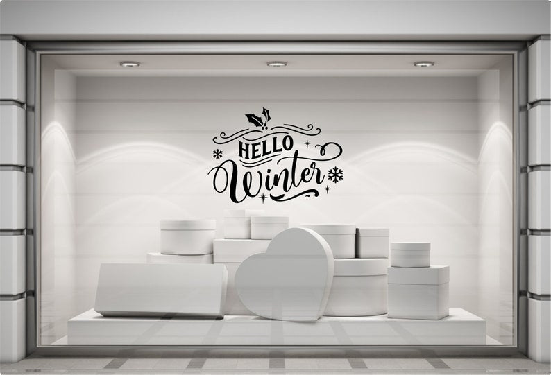 Inside and outside fitting options for the Hello Winter window decal