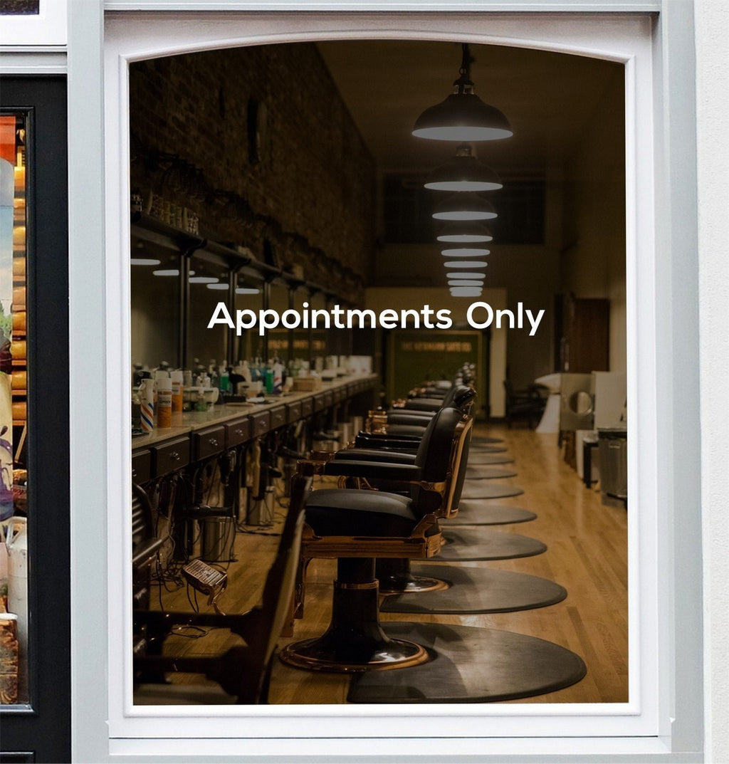 Appointments Only salon window sticker design on a white background