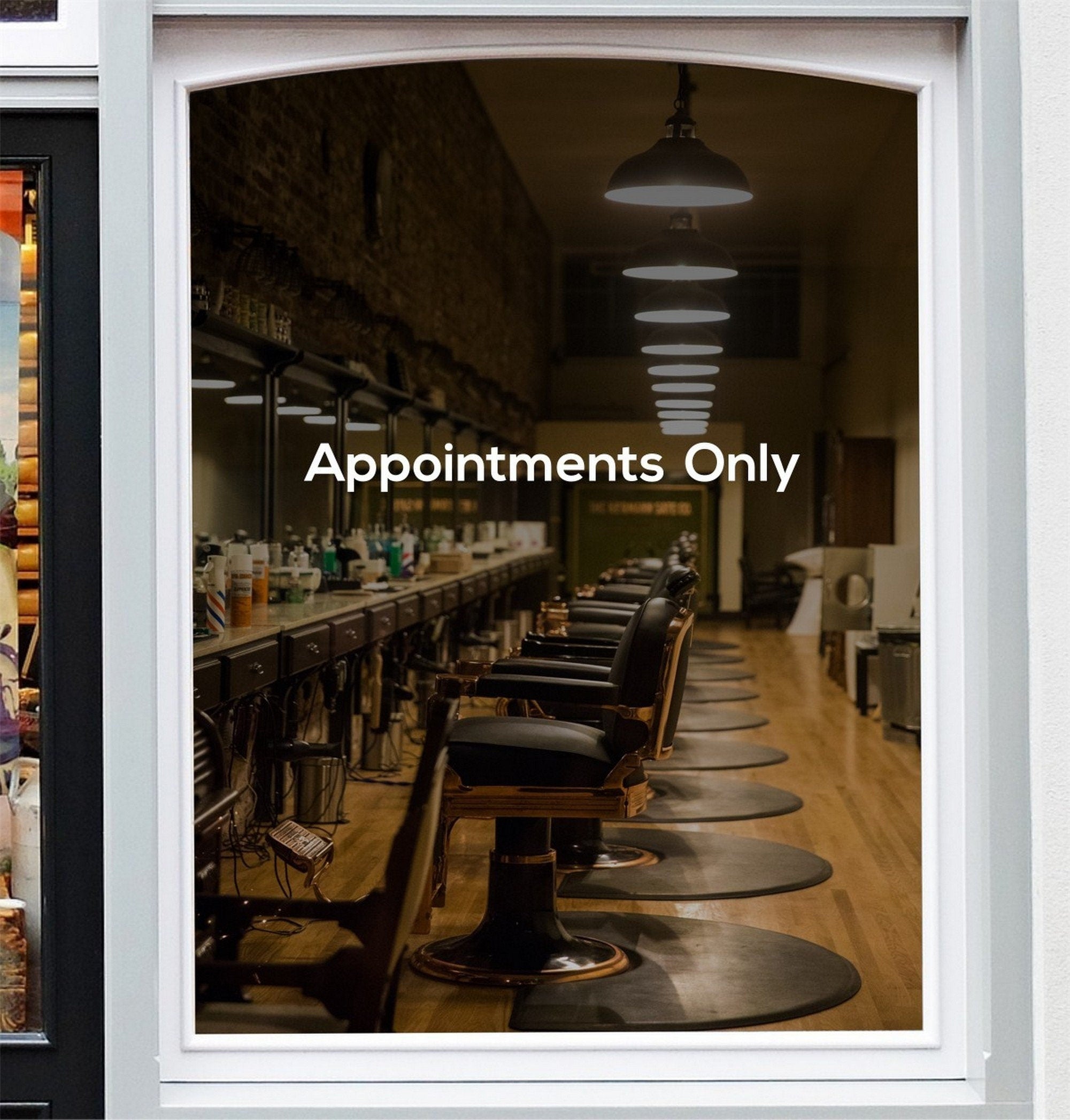Appointments Only salon window sticker design on a white background