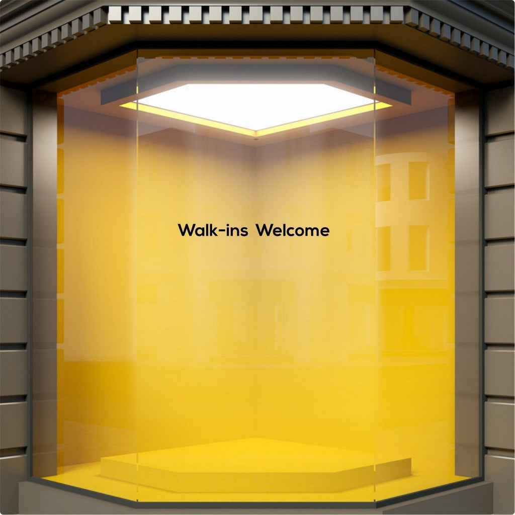 Walk-Ins Welcome Window Sticker for Salons & Barbers used in a large shopfront display
