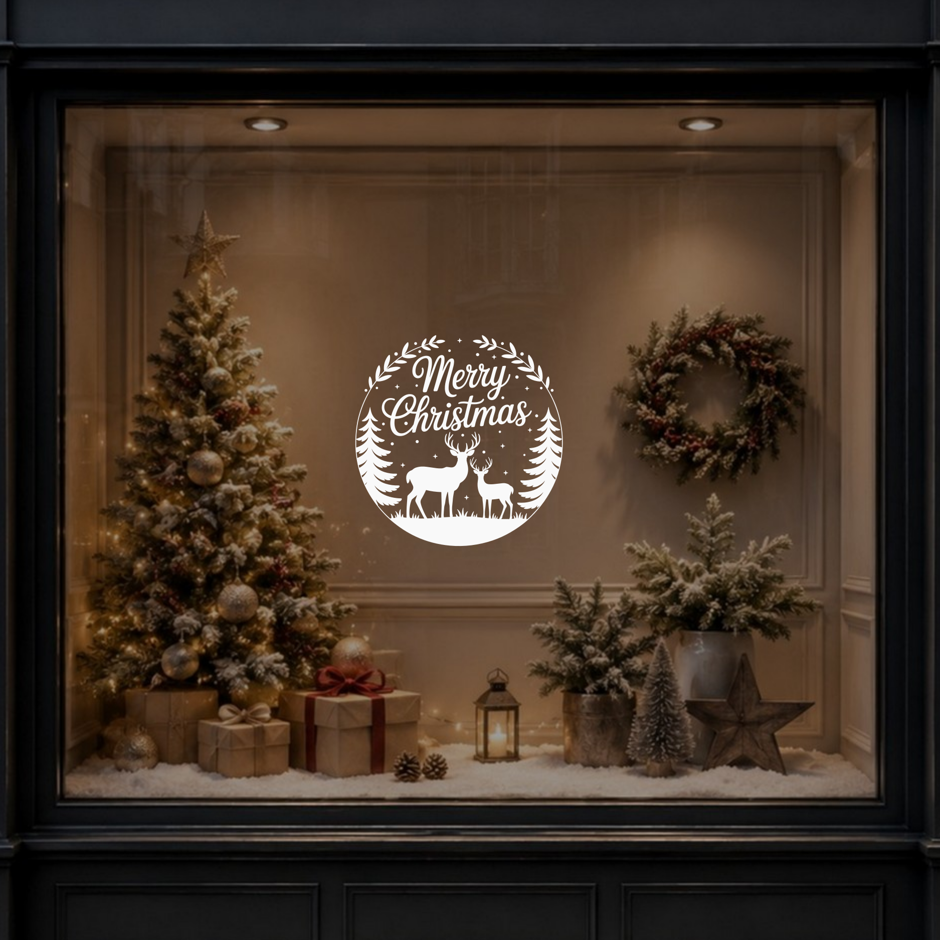A white circular Christmas window decal featuring the text 'Merry Christmas' and a silhouette of a stag and deer, displayed on a decorated storefront window with a Christmas tree, wreath, and gifts.