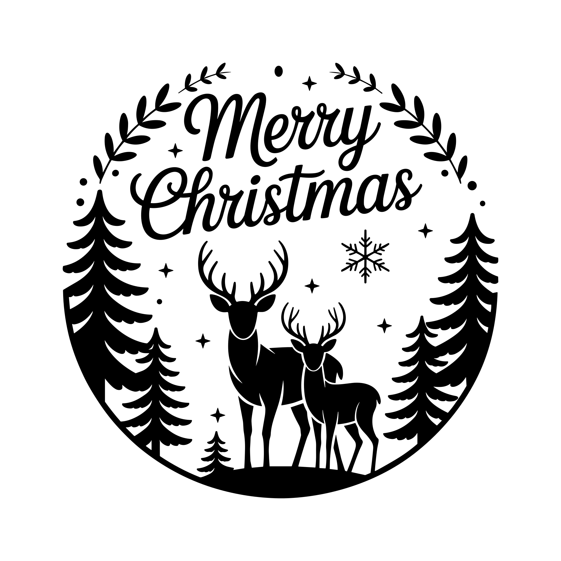 Black Christmas vector graphic featuring a deer and calf silhouette, pine trees, snowflake, and the text 'Merry Christmas' inside a circular wreath design on a white background.
