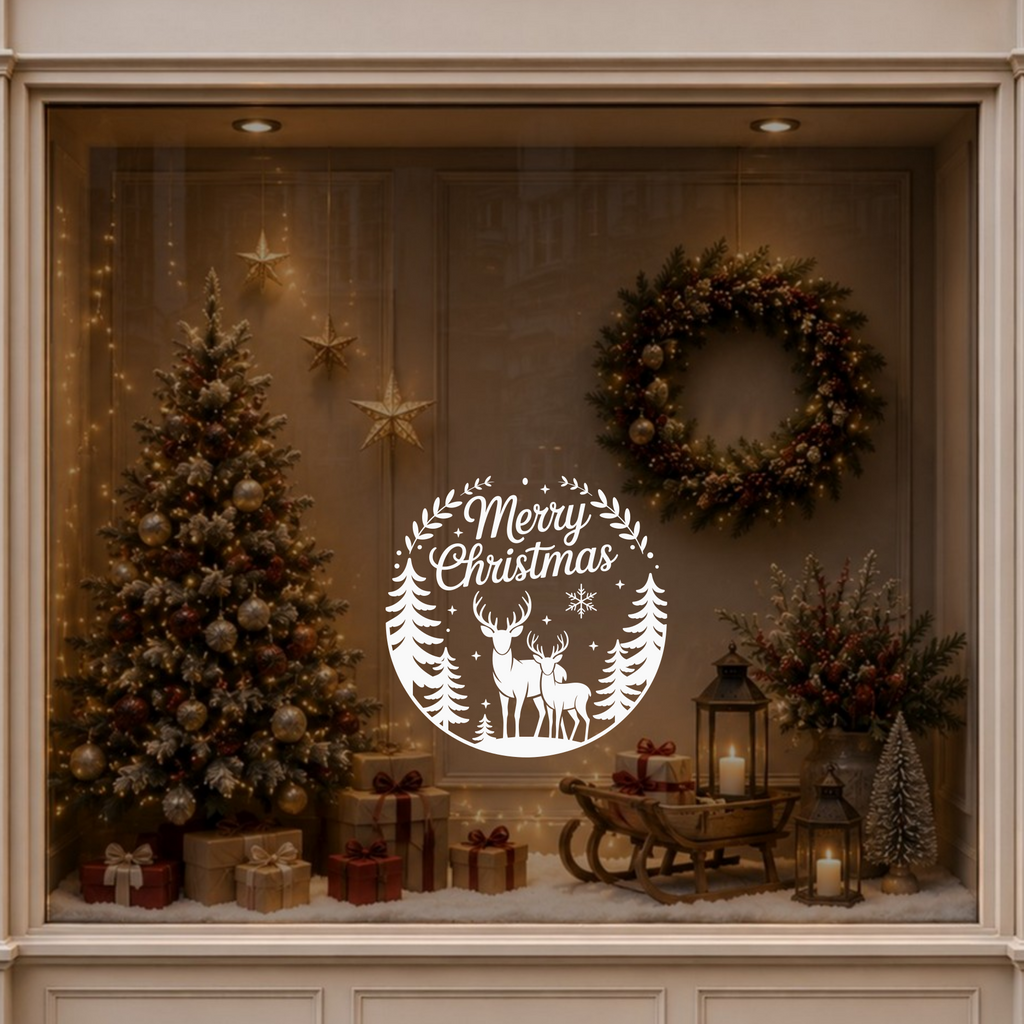 A white circular 'Merry Christmas' window decal with a wreath, deer, and pine tree design, displayed on a decorated Christmas window with a tree, wreath, gifts, and lanterns.