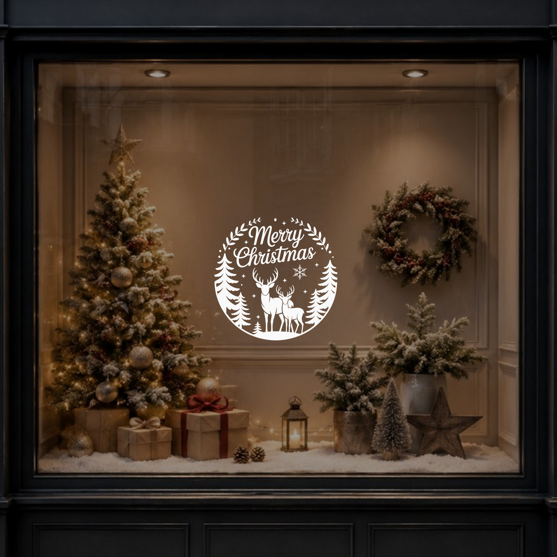 A white circular 'Merry Christmas' deer wall decal is displayed on a window display of a decorated storefront. The window features a flocked Christmas tree, wrapped gifts, a wreath, small potted trees, and warm string lights.