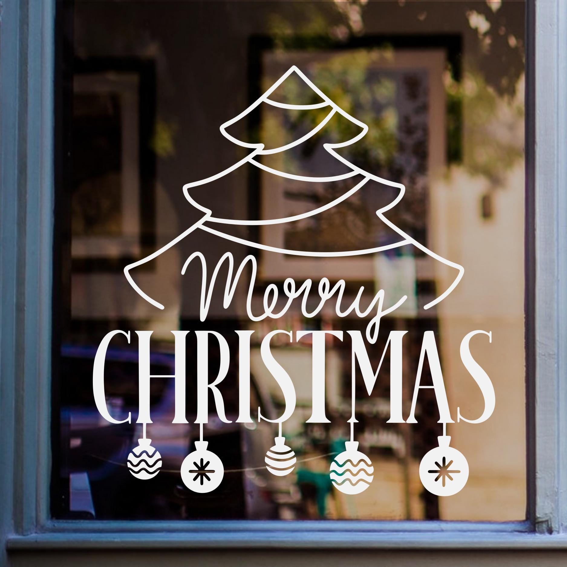 Merry Christmas tree window decal with hanging baubles in white vinyl