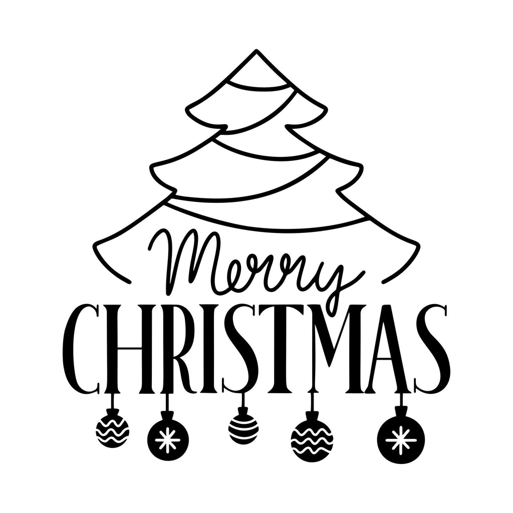 Merry Christmas tree and hanging baubles vinyl decal design in black