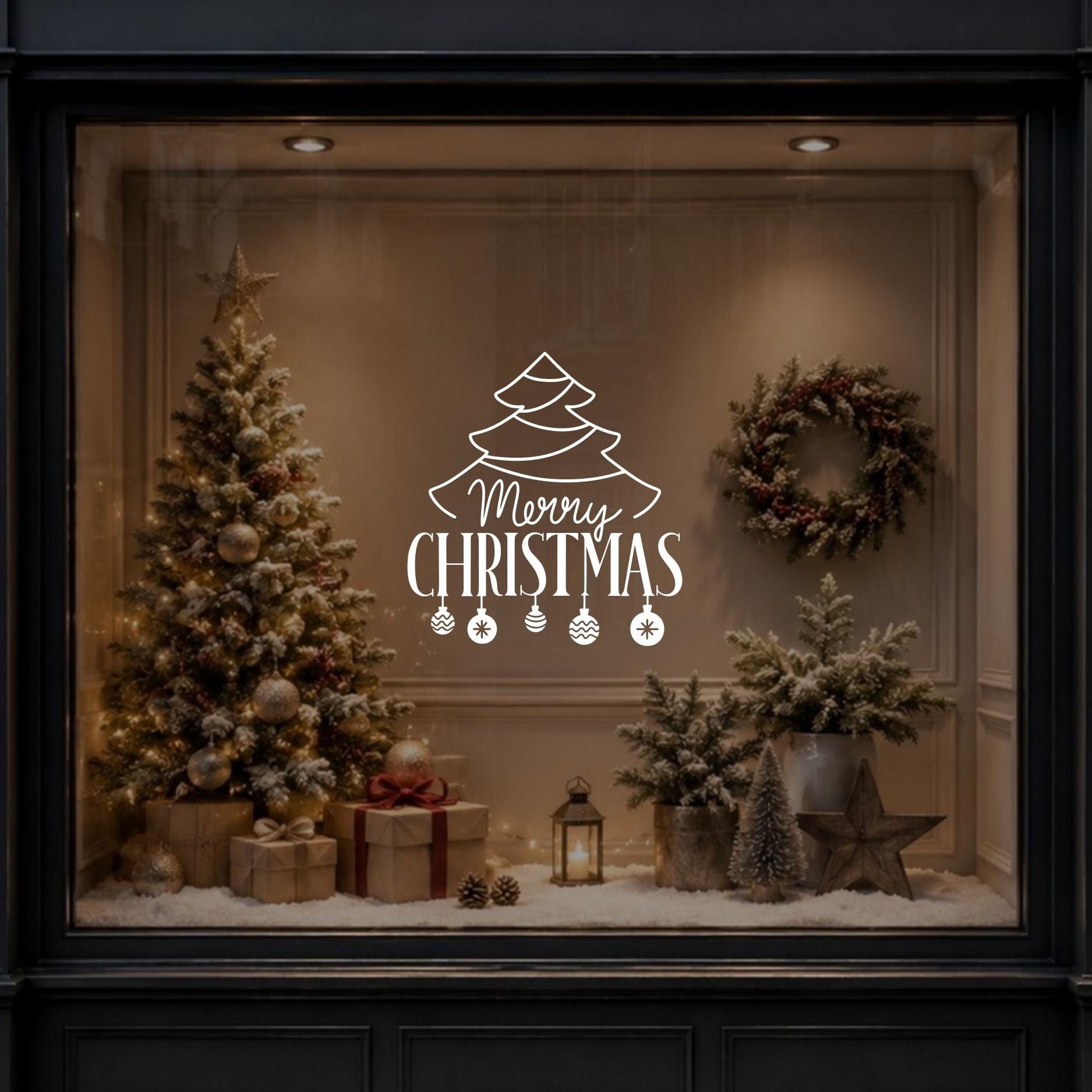 Merry Christmas tree shop window sticker with decorative baubles