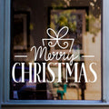 Merry Christmas window decal featuring elegant festive lettering with a decorative ribbon bow in white vinyl