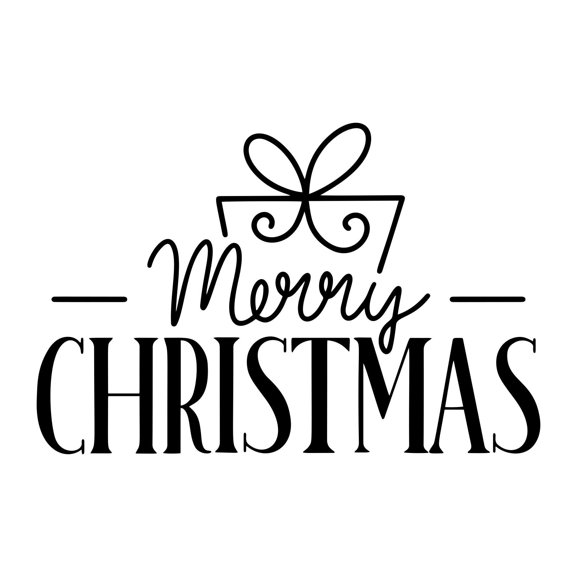 Merry Christmas window decal featuring elegant festive lettering with a decorative ribbon bow in black vinyl