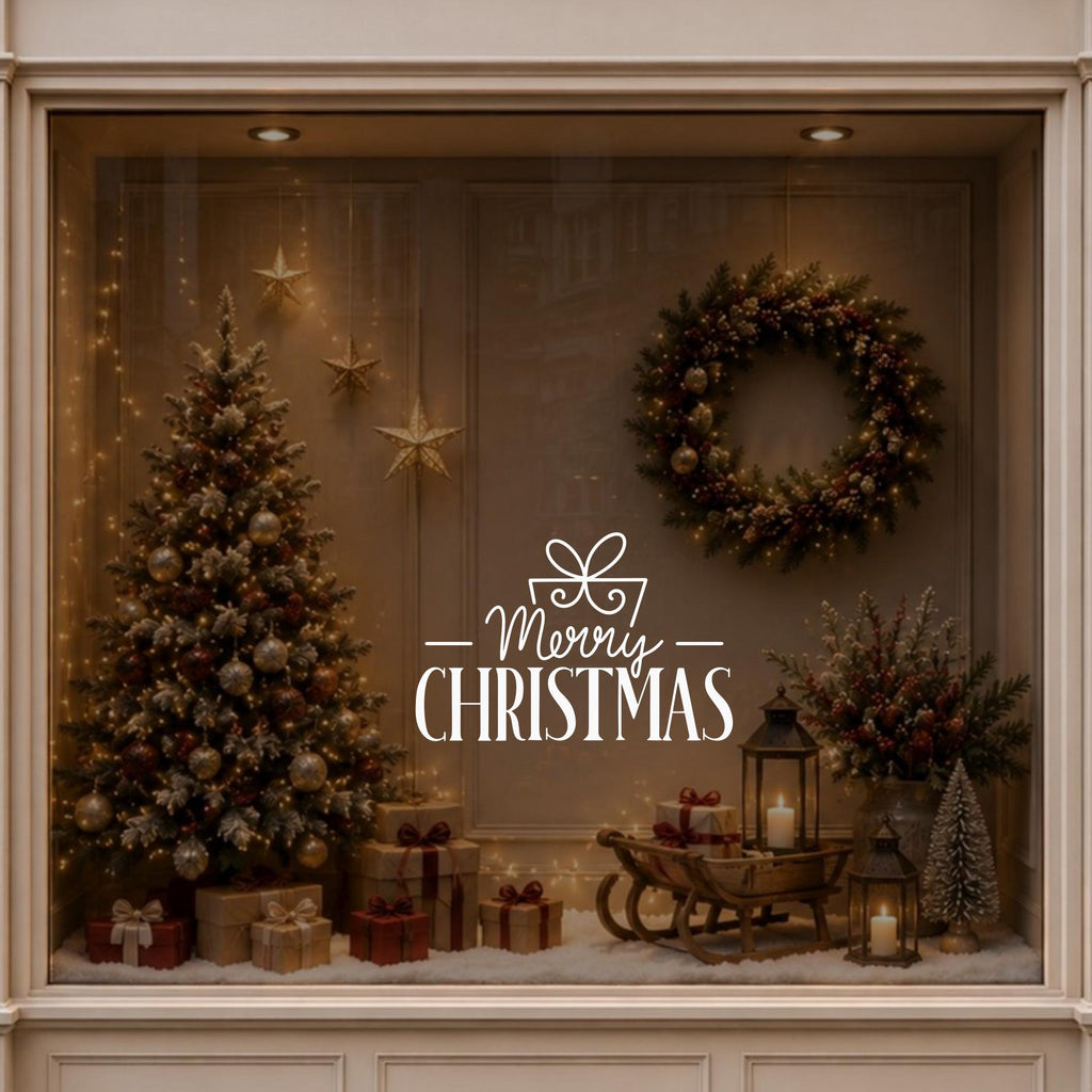 White Merry Christmas ribbon bow decal displayed on a festive shop window