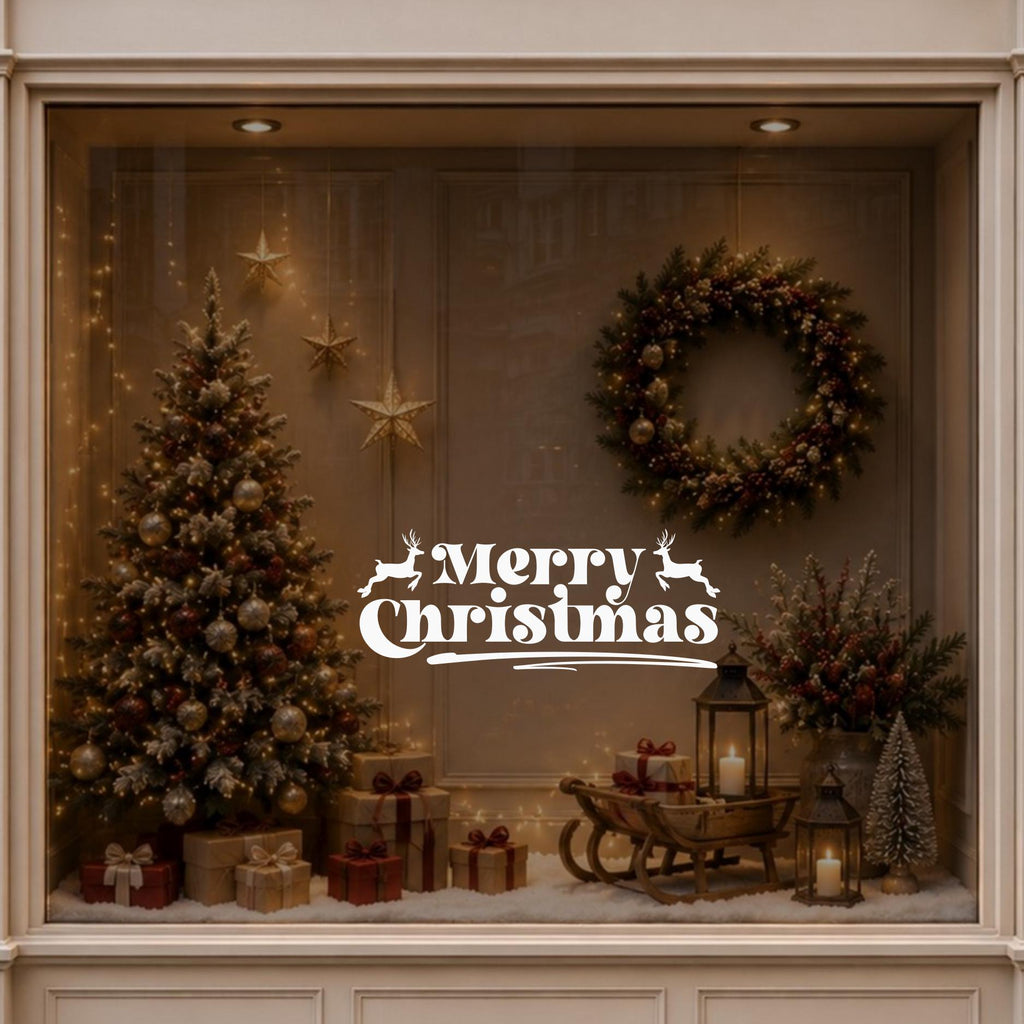 Elegant Merry Christmas window decal displayed on a modern Christmas-themed window with warm festive decorations and soft lighting.