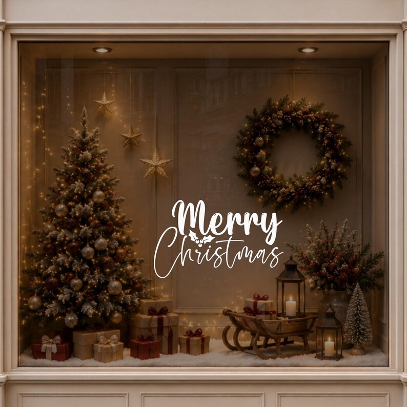 Merry Christmas script decal displayed on a festive window with a decorated Christmas tree and warm seasonal decorations.