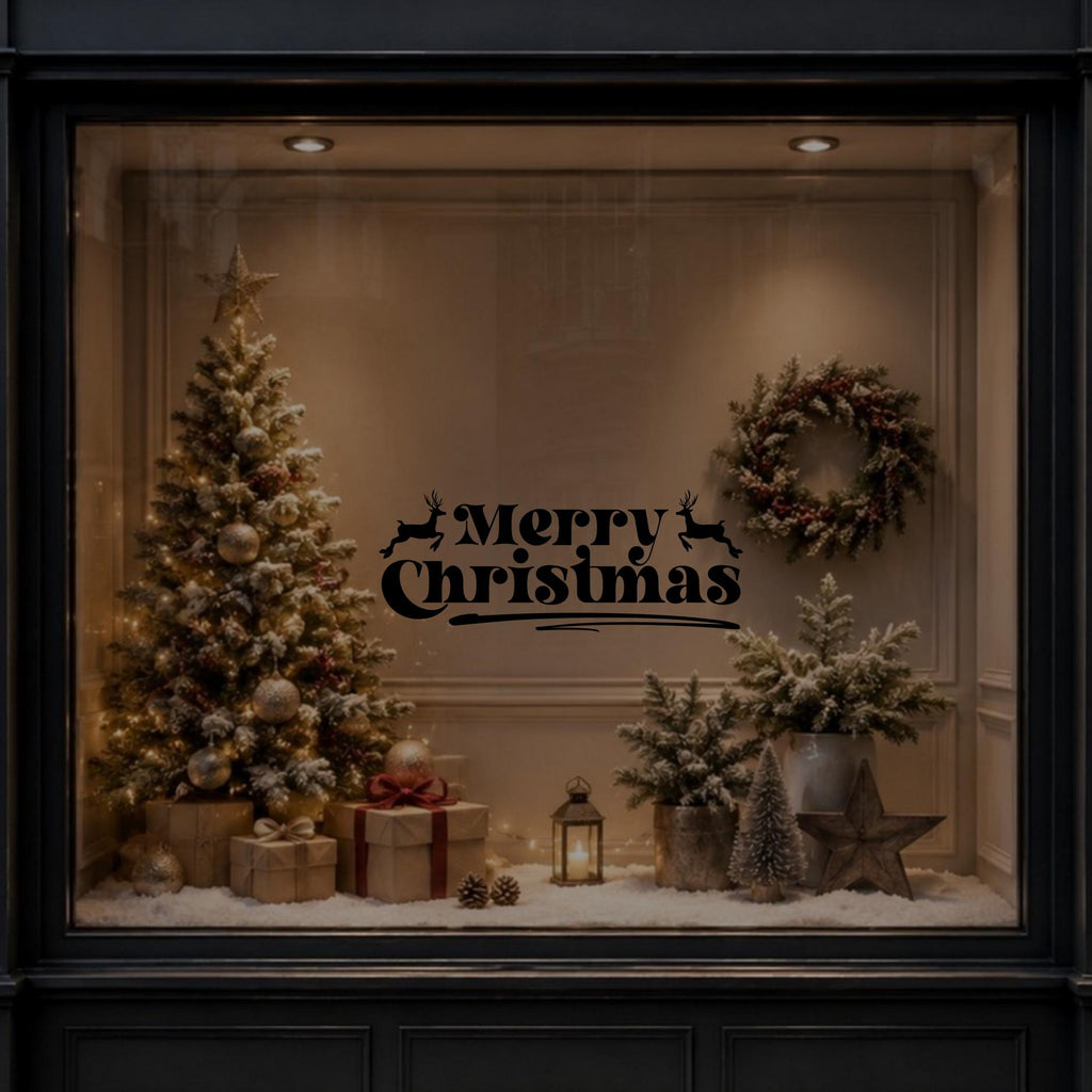 Elegant Merry Christmas window decal displayed on a modern Christmas-themed window with warm festive decorations and soft lighting.