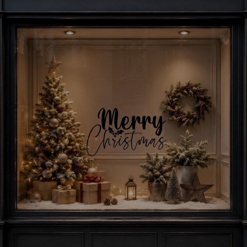 Merry Christmas vinyl window sticker shown on glass in a warm Christmas interior setting.