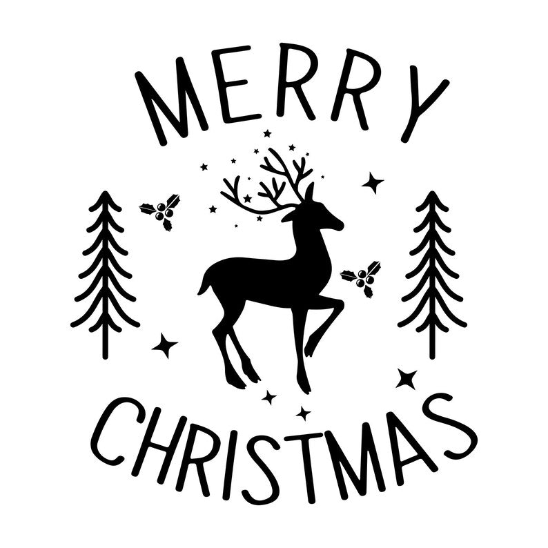 Merry Christmas reindeer vinyl decal design featuring festive fir trees, stars and snowflakes on a plain white background.