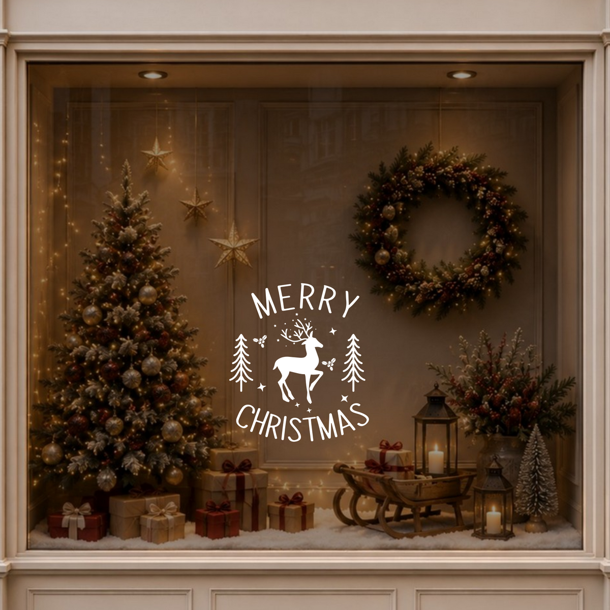 Merry Christmas reindeer window decal displayed on glass beside a decorated Christmas tree and festive interior decorations.
