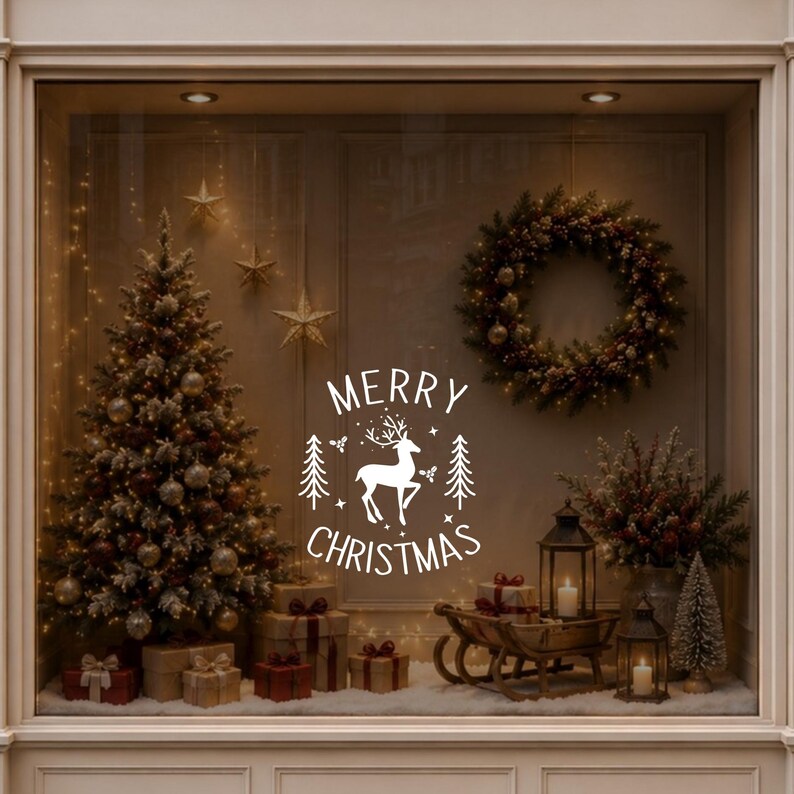 Merry Christmas reindeer window decal displayed on glass beside a decorated Christmas tree and festive interior decorations.