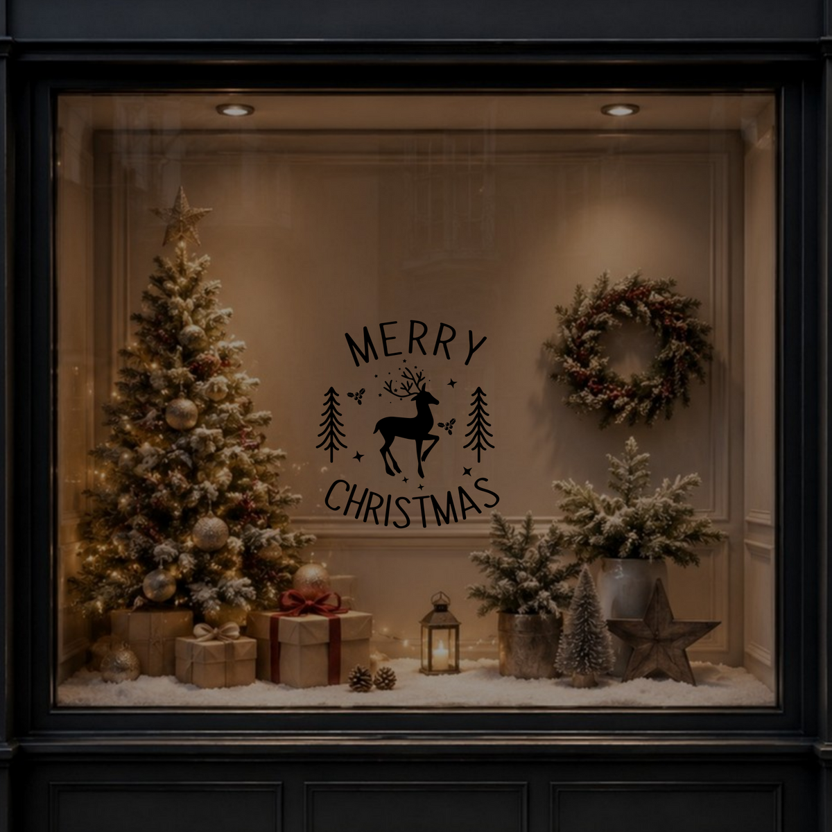 Festive reindeer and fir tree Merry Christmas vinyl sticker displayed on a dark glass window in a Christmas setting.