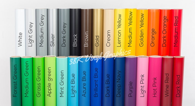 Colour chart showing 30 matt vinyl colour options available for Christmas window decals.